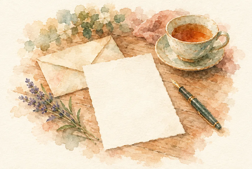 Acquerello: una lettera, una busta, una penna e una tazza di tè su un tavolo