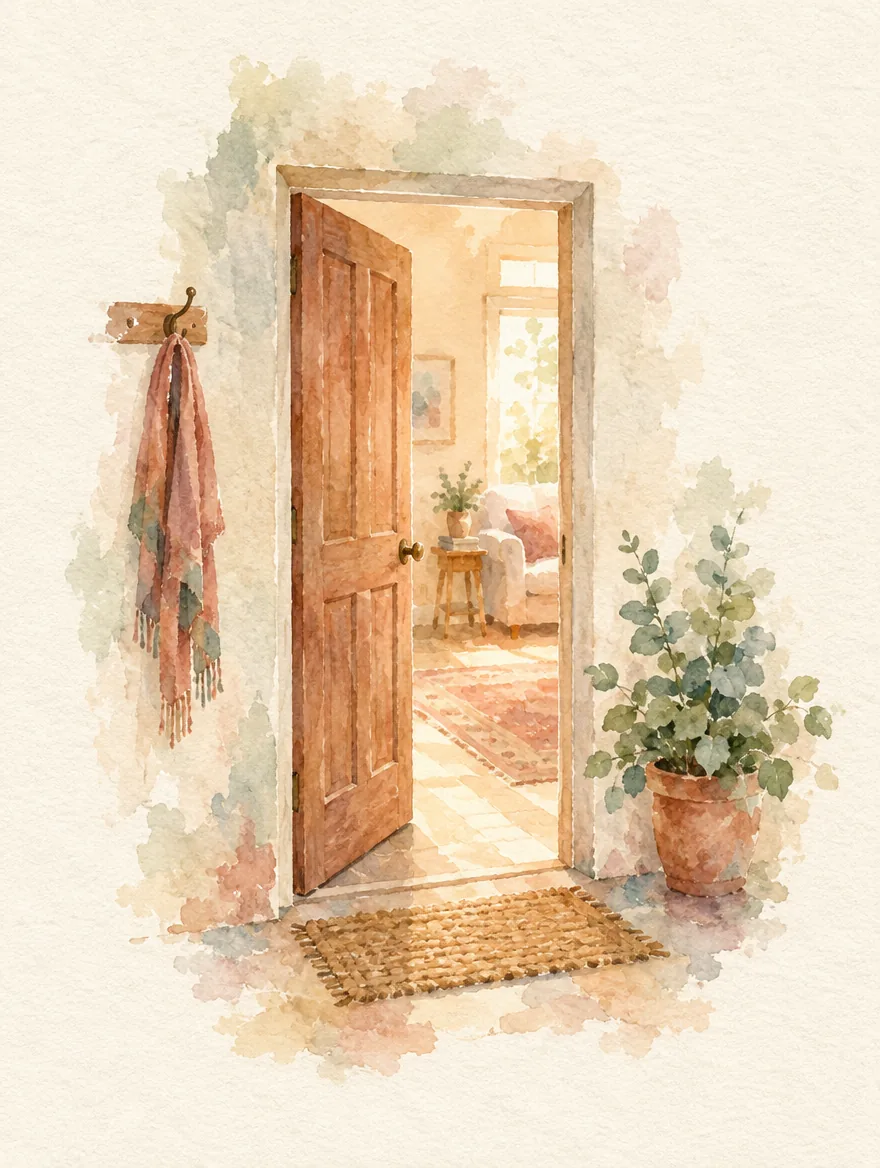 Acquerello: una porta socchiusa da cui esce una luce calda